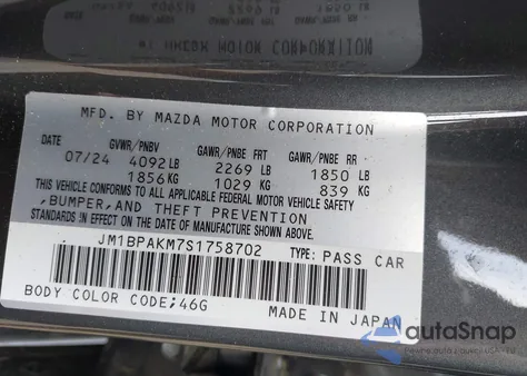 2025 Mazda Mazda3 2.5 S Select Sport z USA, uszkodzony, nr VIN JM1BPAKM7S1758702